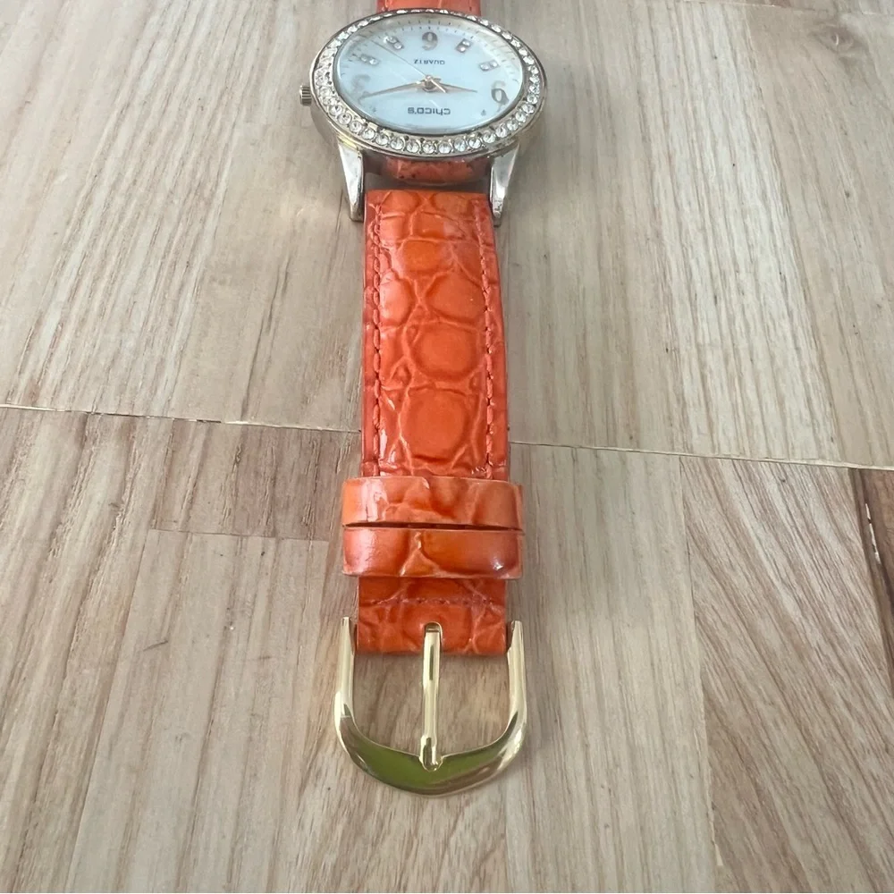 Chico’s ladies gold tone orange leather fashion watch NEW BATTERY